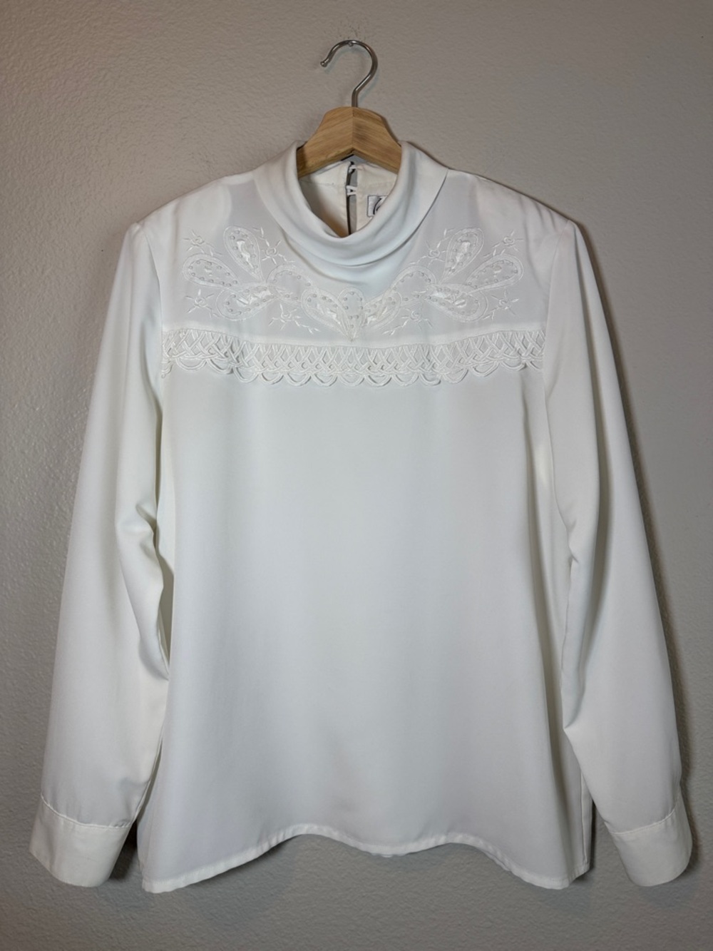 Vintage 80’s Kathy Che Victorian Style Blouse SZ Large Ivory Mock Neck Prairie